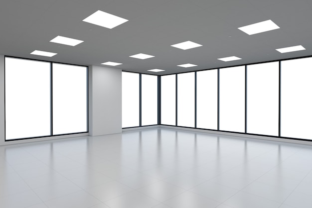 3d rendering empty office space with glass windows