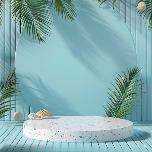 3d rendering empty podium platform with tropical palm leaf and seashell on blue background