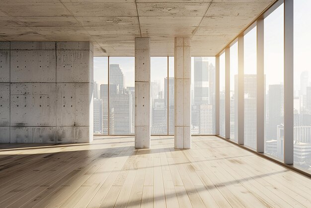 3D Rendering of Empty room with wooden floor concrete wall and view skyline