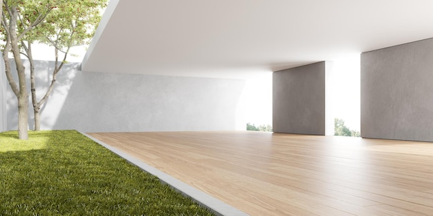 3d rendering of empty room with wooden floor and concrete wall