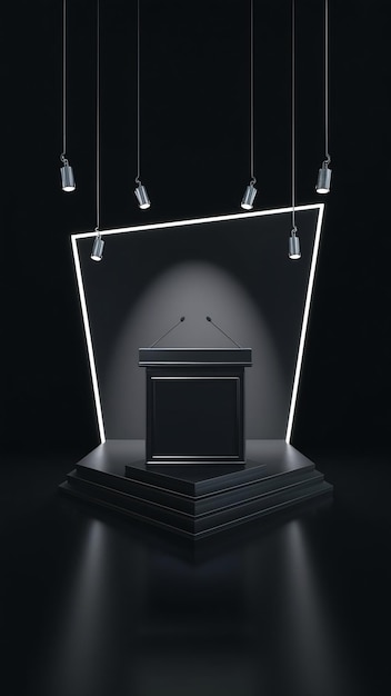 3d rendering of empty simple black podium for product display on black background