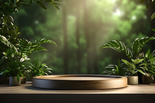 3d rendering of empty space podium display for product mockup natural background