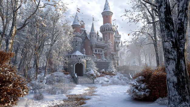 Photo 3d rendering of an enchanted fairy tale princess castle in winter