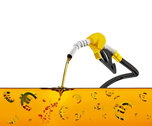 Photo 3d rendering euro money icon nozzle pumping gasoline in a tank of fuel nozzle pouring