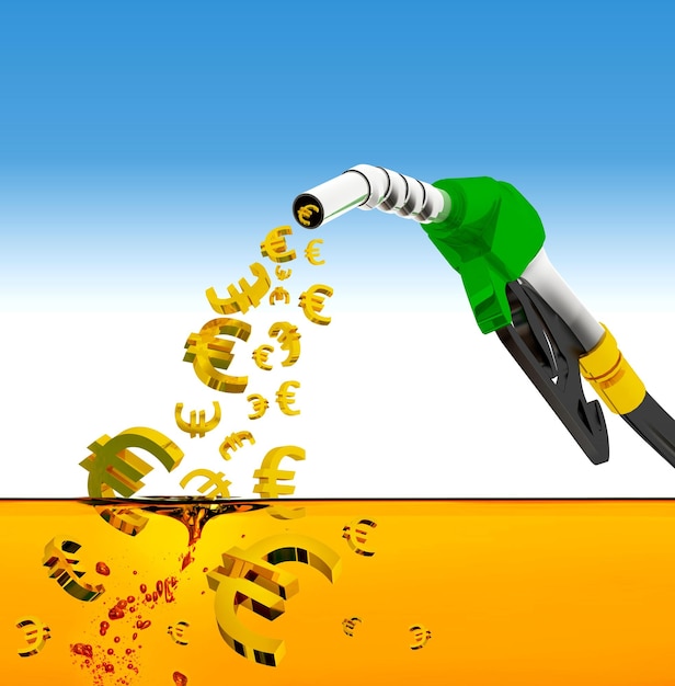 3D rendering Euro money icon Nozzle pumping gasoline in a tank of fuel nozzle pouring