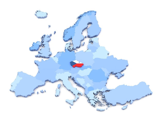 3D Rendering of Europe Map, Czech Republic with Flag