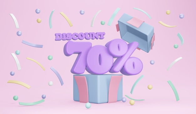 3D rendering of explosion of opened gift box showing discount 70 percentage and confetti