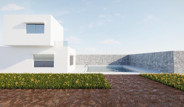 3d rendering exterior modern house in minimal architecture style with sunlight