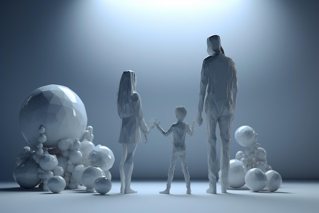 A 3d rendering of a family with a blue background.