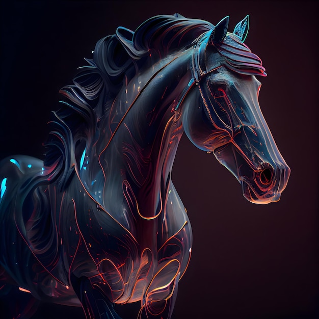 3d rendering of a fantasy horse with red and blue neon lines