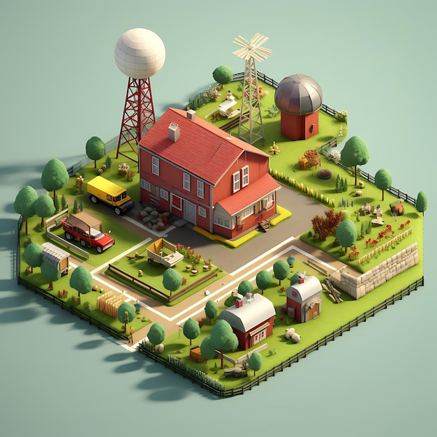 3d rendering of farm barn city isometric miniature