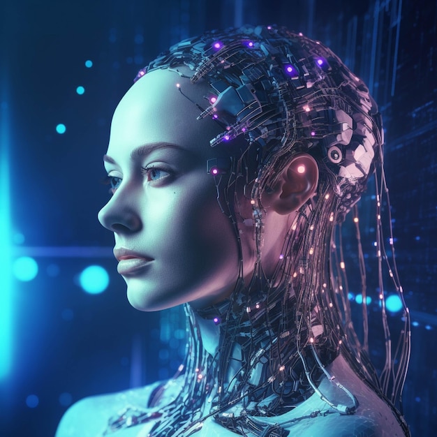 3d rendering of a female cyborg head with digital technology background