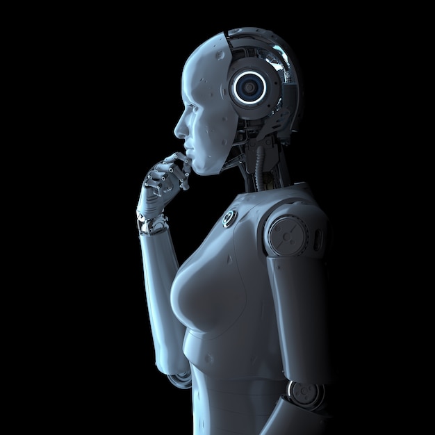 3d rendering female cyborg or robot thinking on black background