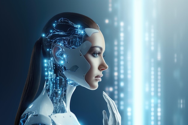 3d rendering of female cyborg with digital brain on blue background A 3D rendering features a female robot with a hologram screen against a blue background AI Generated