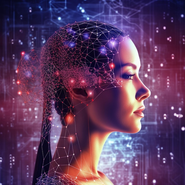 3D rendering of a female cyborg with a network on her head