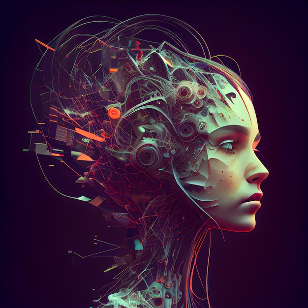 3d rendering of a female head with artificial intelligence concept on black background