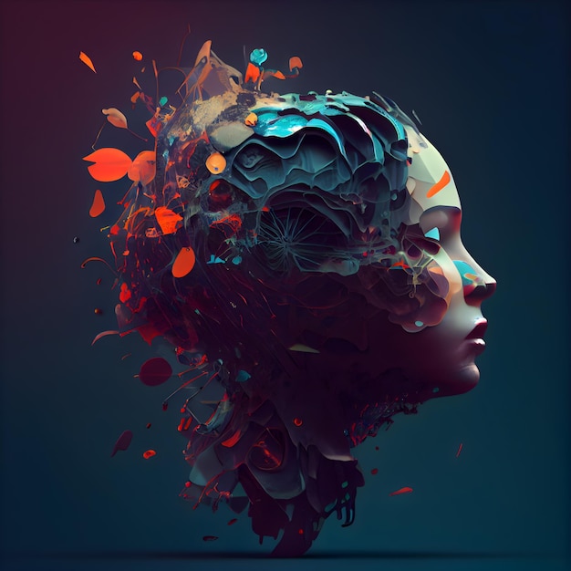 3d rendering of a female head with a lot of abstract elements