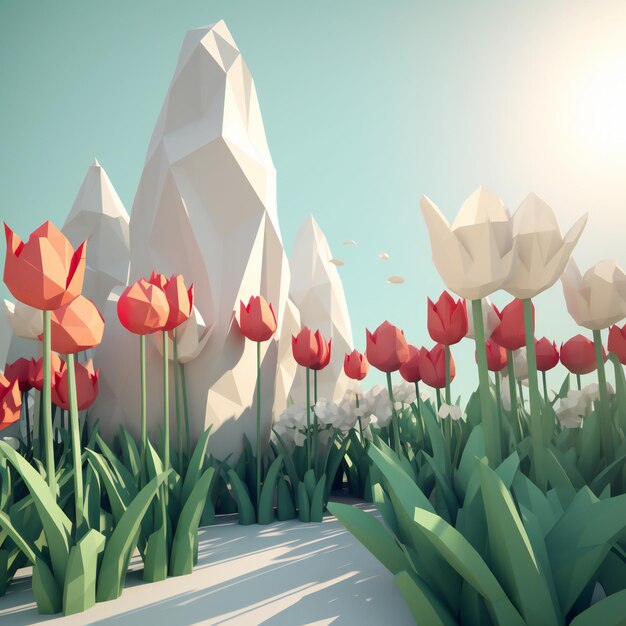 A 3d rendering of a field of flowers with a mountain in the background.