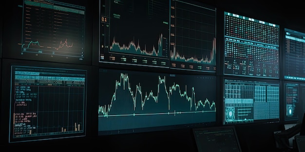 3d rendering of financial charts and graphs on computer screens in dark room Generative AI Illustration