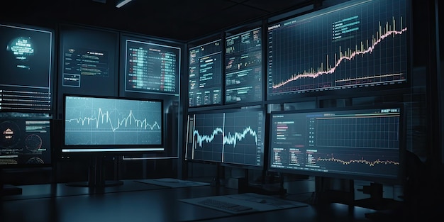 3d rendering of financial charts and graphs on computer screens in dark room Generative AI Illustration