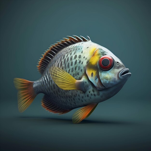 3d rendering of a fish on a dark background with shadow and highlights