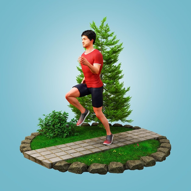 3D Rendering fit young man on red tshirt running in a park Jogging and running concept Front View