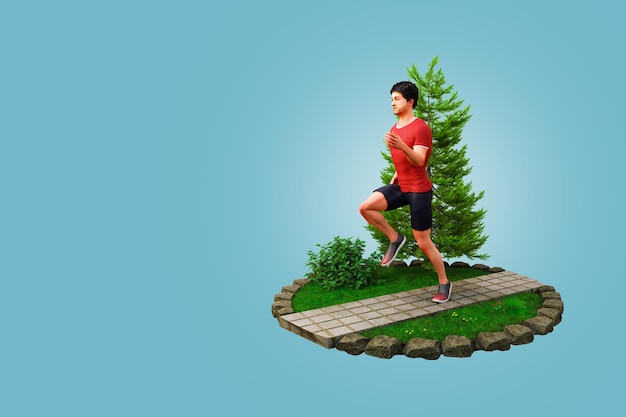 3D Rendering fit young man on red tshirt running in a park Jogging and running concept Front View