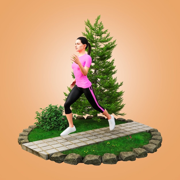 3D Rendering Fit young women in pink running in a park Jogging and running concept Front View