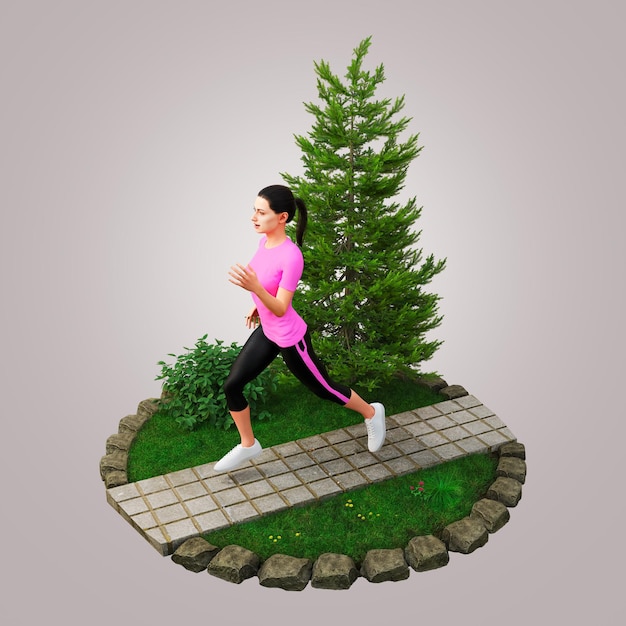 3D Rendering Fit young women in pink running in a park Jogging and running concept Top View