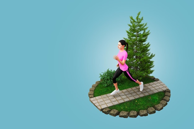 3D Rendering Fit young women in pink running in a park Jogging and running concept Top View