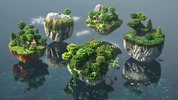 A 3D rendering of five Minecraftstyle islands floating in the sky