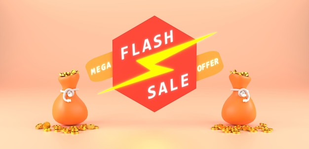 3D Rendering Flash sale banner design with the Gold coin bag Special Offer day and MEGA discounting