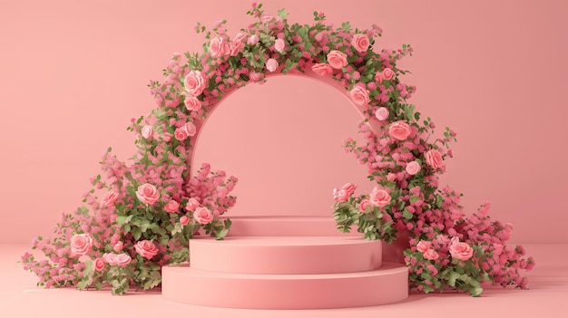 3D rendering of a floral podium with a rose arch for product display presentation on a pink background Flower decoration with rose flowers and leaves around the steps soft pastel colors front view