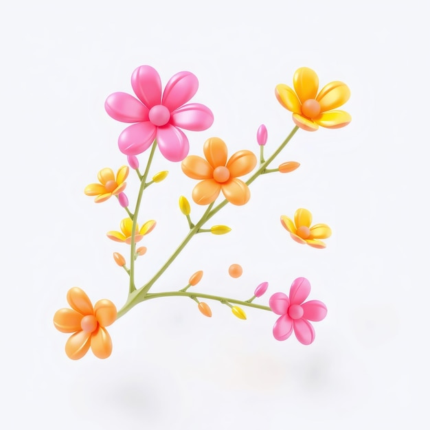 A 3D rendering of a flower branch with pink and orange blossoms