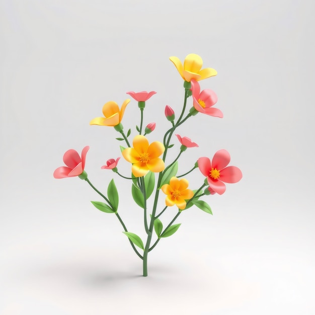 3D rendering of a flower bush with yellow and pink flowers and green leaves