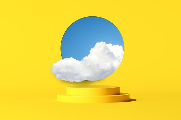 3d rendering of fluffy cloud in a circle window and yellow square podium for product presentation