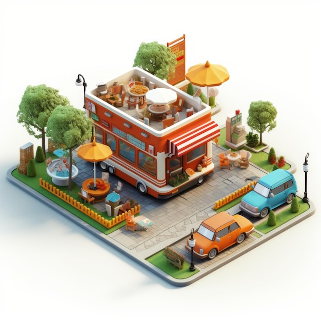 3d rendering of Food Cart city isometric miniatur