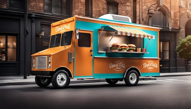 3d rendering food truck vehicle mockup for corporate brand identity design generated