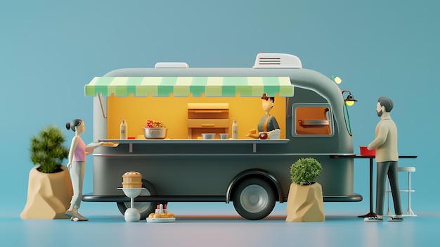 Photo 3d rendering of a food truck with customers