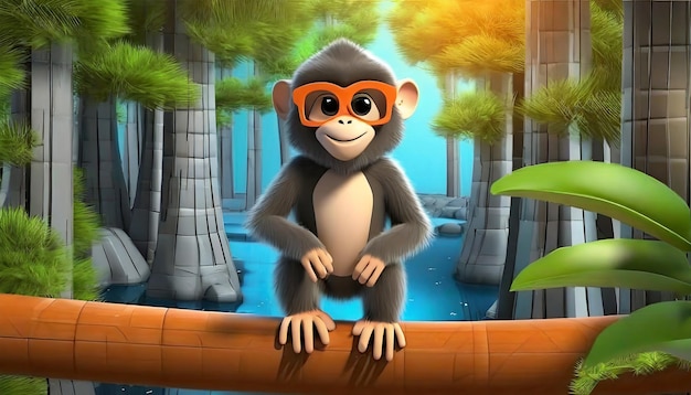 3d rendering of forest in stand monkey and wear sunglass