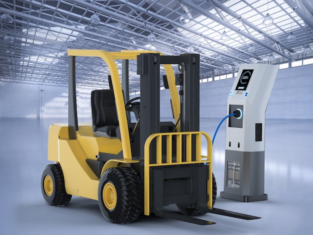 3d rendering forklift truck charges with electric charging station