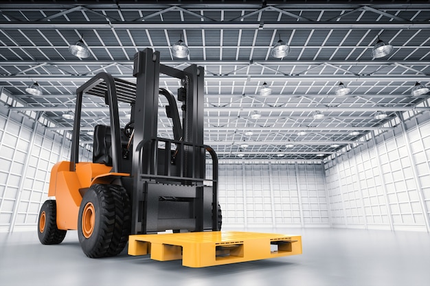 3d rendering forklift truck with yellow pallet in factory