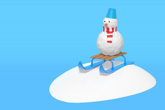 Photo 3d rendering of a funny snowman on a children's sled slides off a snow slide. illustration on a blue background