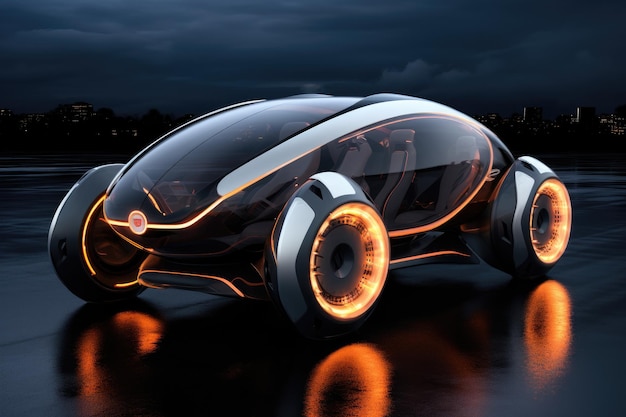 3D rendering of a futuristic car on a dark background with lights Engineers developing sustainable ecofriendly electric vehicle AI Generated