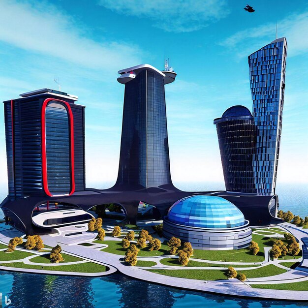 Photo a 3d rendering of a futuristic city block with buildings and a park with two glass domes