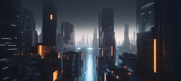 3D rendering of a futuristic city at night with a scifi theme