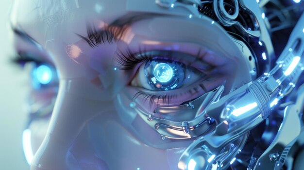 Photo 3d rendering futuristic cyborg face with virtual technology robotic display in her eyes generate ai