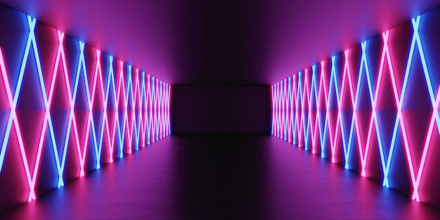 3D Rendering Futuristic dark room with glowing neon laser light pink and blue tunnel scifi room