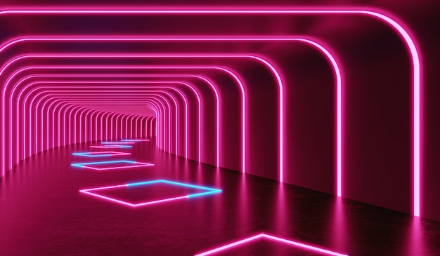 3D Rendering Futuristic dark room with glowing neon laser light pink and blue tunnel scifi room