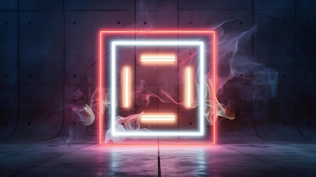 3d rendering of futuristic glowing neon lights in square shape and smoke on concrete floor